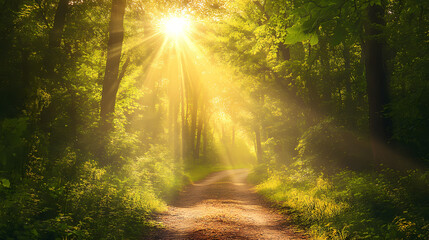 Sunlight streams through the dense canopy of a lush forest, illuminating the path ahead. Evergold. Illustration