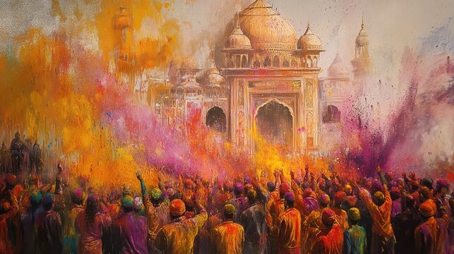 Vibrant celebrations of holi in front of a grand temple