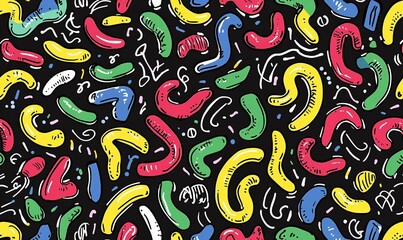 Obraz premium Colorful abstract worm-like shapes pattern on black background for textile design.
