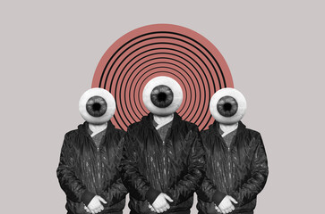 A group of men with eyeballs instead of a heads