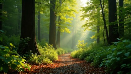 Obraz premium Forest bathing nature-based Nature positive Esg fintech Agroforestry degradation EcoVadis Treeapp Grow therapy Anew climate Vibrant greens and browns of creating harmonious natural palette around the