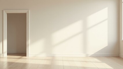 Sunlit Interior. Empty bright room with wood floor and open door minim
