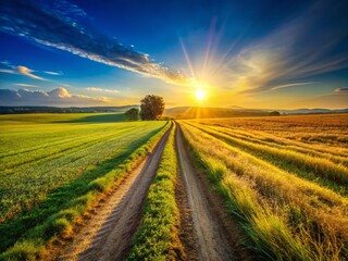 Obraz premium Sunny Farm Path: Mowed Field, Countryside, Rural Road, Summer Day