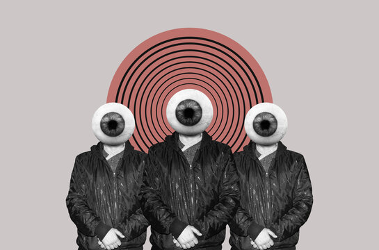 A group of men with eyeballs instead of a heads
