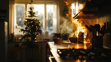 Flames engulfing cabinets and countertops in a residential kitchen fire during the festive christmas season, creating a hazardous and alarming situation for the family inside