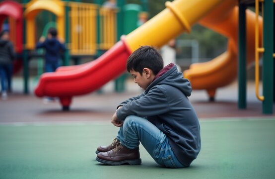 Lonely child sits at playground edge kids play. Emotional distress apparent. Child observes playmates. Playground setting suggests school recess. Social isolation, emotional well-being issues