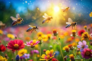Naklejka premium Sunny Meadow Bees Blossoms Bokeh Macro Photography Stock Photo