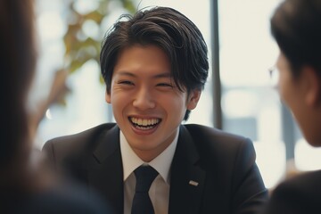 Young japanese businessman smiles broadly while engaging in a productive meeting with his colleagues, fostering a positive and collaborative work environment