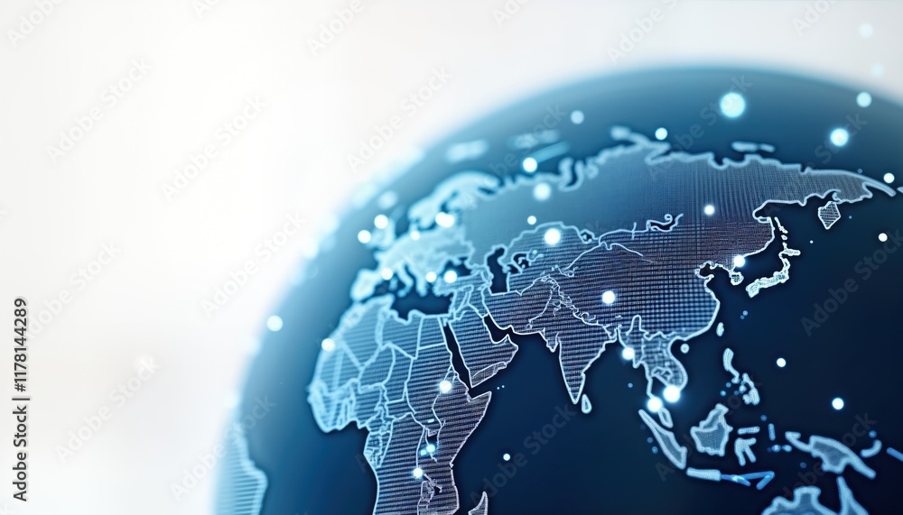 Poster Digital globe displays world map. Techy illustration shows global connections. Future tech concept image. Global network visualized. Abstract design. Sphere illuminated. Futuristic graphic displays
