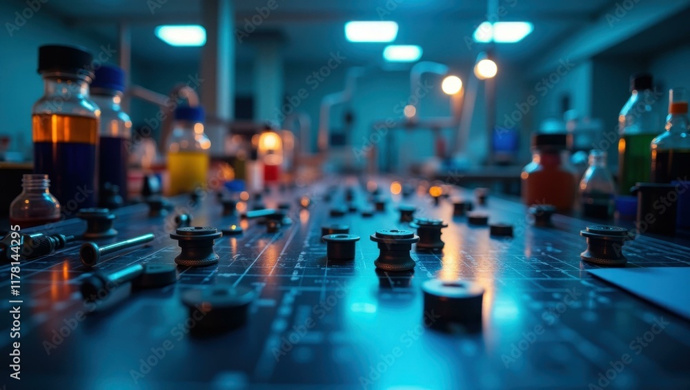 Poster tabletop filled with various sensors and tools aiding precise experimental control, professional sto