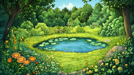 Obraz premium Landscape of a green meadow with a pond and forest. cartoon illustration. Evergold. Illustration