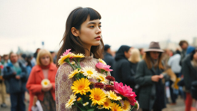 beautiful young asian women with flowers on the street