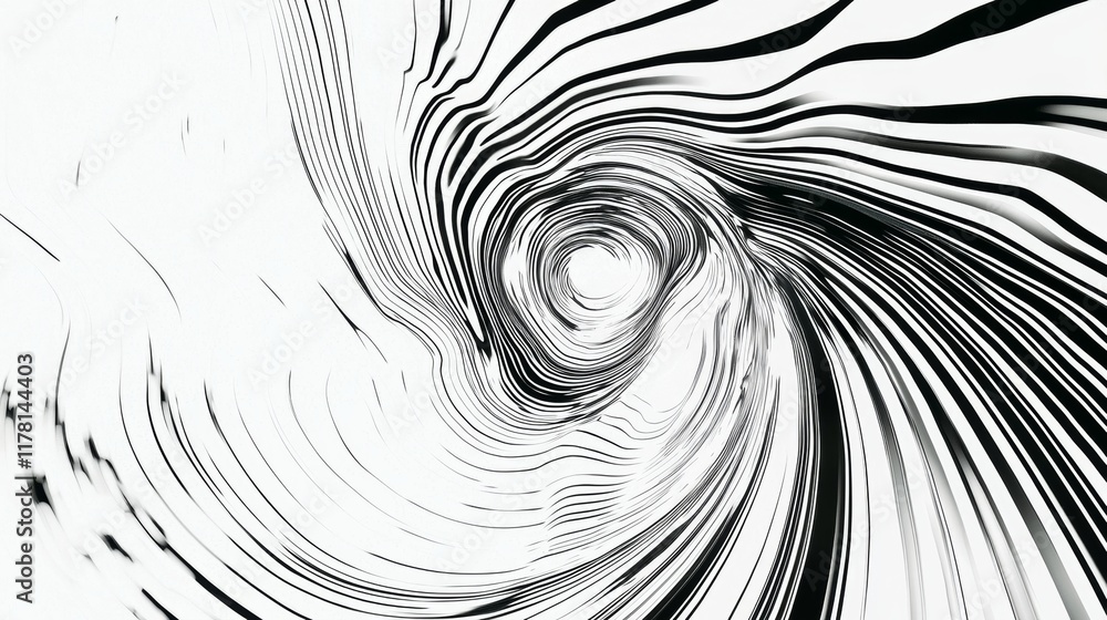 Poster black lines swirling and converging towards a central point, creating a dynamic vortex against a whi