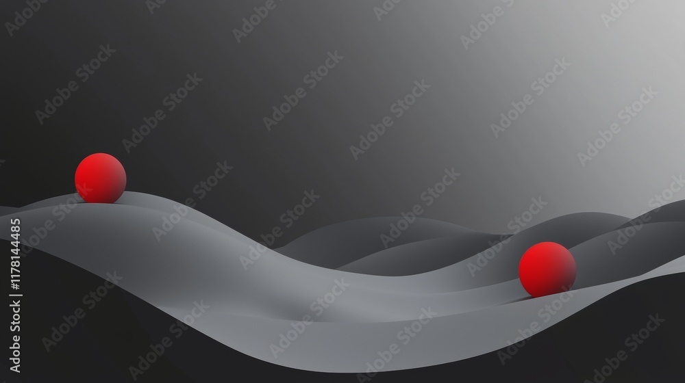 Poster two vibrant red spheres rest on undulating grayscale waves, creating a striking contrast in a minima