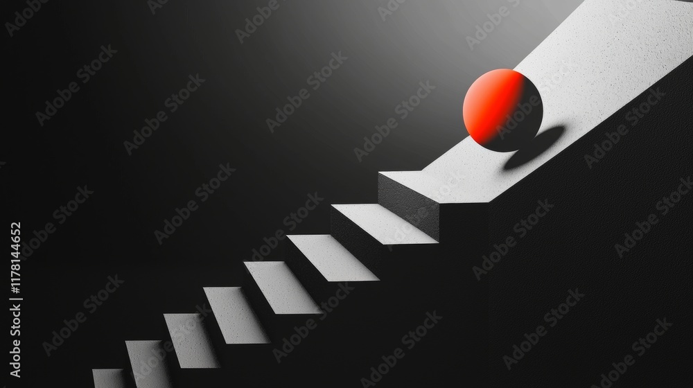 Poster abstract 3d render of a red sphere rolling down a flight of white stairs, symbolizing regression, de