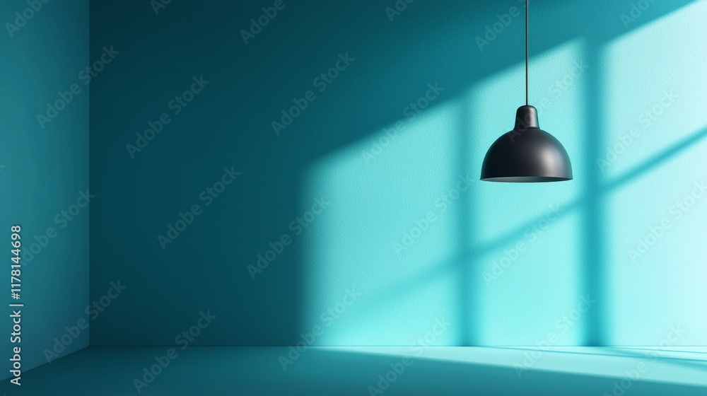 Poster sunlight is streaming through the window of a minimalist turquoise room, casting shadows on the wall