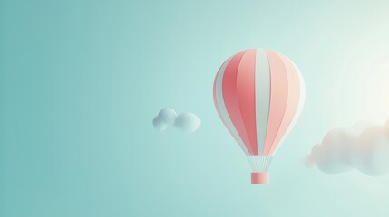 Fototapeta premium Pink and white hot air balloon floating in a serene blue sky, embodying concepts of travel, adventure, and peaceful exploration amidst fluffy clouds