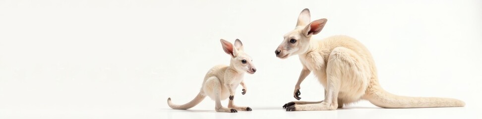 Close-up of a kangaroo and her young joey against a pristine white backdrop , soft, Australian