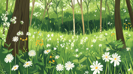Lush woodland glade featuring a vibrant herbaceous community dominated by beakchervil and hellebore ideal for nature enthusiasts and botanical studies. Evergold. Illustration