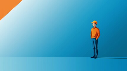 Construction engineer with hands in pockets, looking up with optimism for the future of architecture and engineering, dressed in an orange shirt and yellow helmet