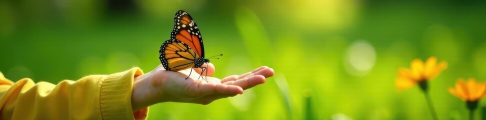 Obraz premium A monarch butterfly perched on a child's hand above lush grass, orange, summer