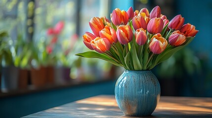 A bouquet of orange and red tulips in a blue vase