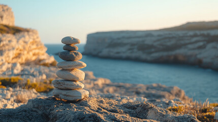 Balanced stones on coast at sunset.