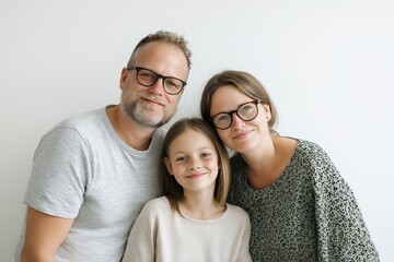 Smiling parents and their daughter wearing stylish eyeglasses are posing together in a bright studio, creating a joyful family portrait against a clean white background