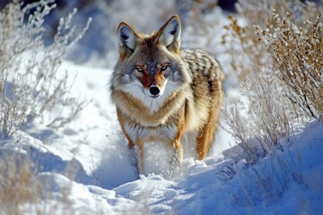 Obraz premium A wolf walks through the snowy forest, looking out for its next meal