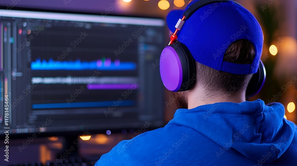 Poster man in blue hoodie and cap uses headphones while working on audio editing software on his computer a