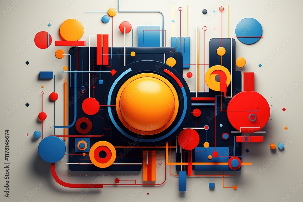 Poster a vibrant composition of geometric tech symbols with circular shapes and colorful lines creating an 