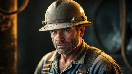 Obraz premium Strong miner in worn helmet looking intently at the camera during daylight
