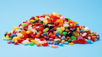 A large pile of colorful candies on a blue background.