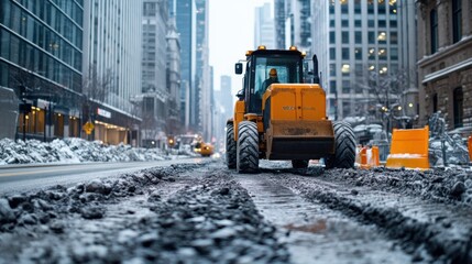 Snowy city street with construction equipment clearing snow from road in urban environment during winter