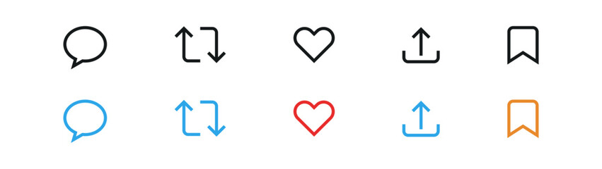 like icon, reply, repost, save, share icon signs - social media notification like comment, share icons. social network post reactions collection set. vector illustration