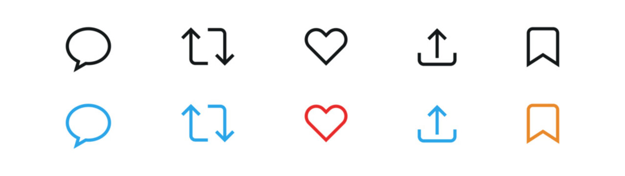 like icon, reply, repost, save, share icon signs - social media notification like comment, share icons. social network post reactions collection set. vector illustration