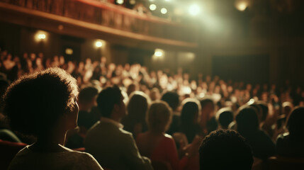 Diverse audience in Oscar hall, wearing Oscar party dresses and suits, engaging and applauding during award winning actor speech in auditorium for red carpet event. smiles and clapping 