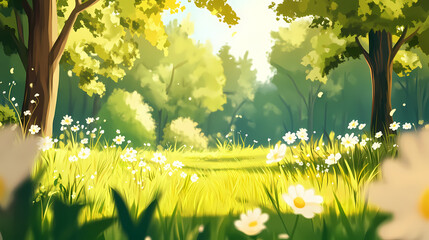 Obraz premium On a sunny day, beautiful blurred nature background with blossoming glade and trees. Evergold. Illustration
