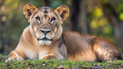 Naklejka premium A close-up shot of a lion resting in the grass, highlighting its fur and facial features