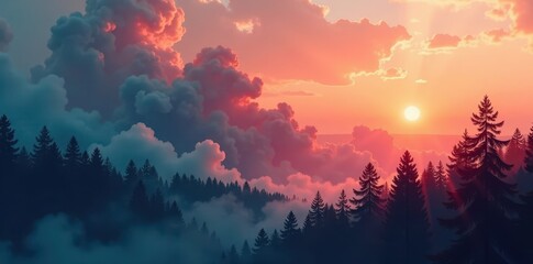 Dark smoke billows over silhouetted pines, double exposure , textured, ecological disaster