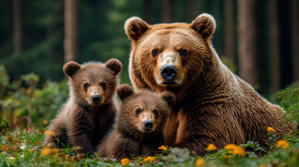 Obraz premium A pride of bears striking majestic poses amidst the lush greenery of a forest. A family of bears beautifully portrayed in a wildlife photograph within a dense woodland setting.