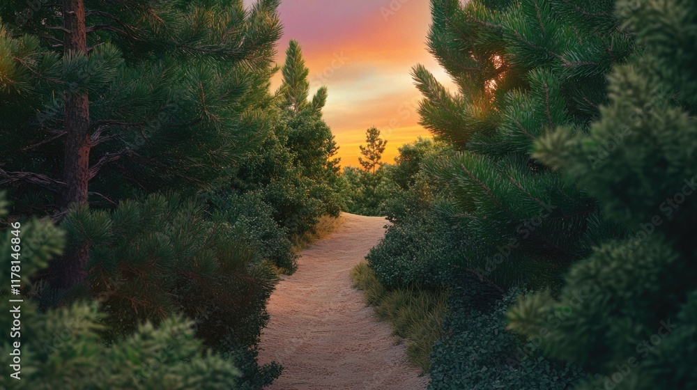 Poster path through a dense forest with a beautiful sunset in the background