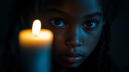 A beautiful young black girl sits quietly in a dimly lit space, focusing intently on a flickering candle nearby. Her expressive eyes reveal curiosity and contemplation as she absorbs the ambiance.
