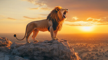 Majestic lion roaring at sunset atop a rock, overlooking savanna.