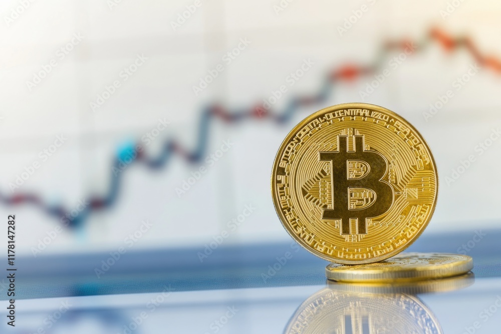 Poster a single golden bit coin resting on a table surface