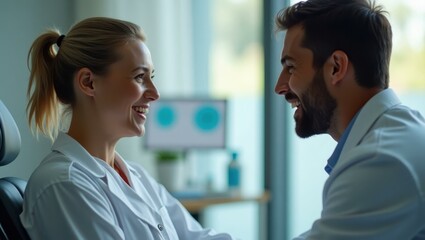 Obraz premium Medical Professionals. Smiling man and woman doctors talking in hospit