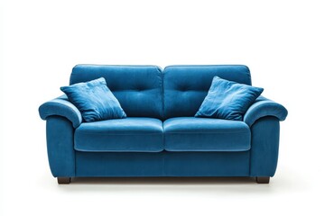 A plush blue two seater sofa is set against a plain white wall
