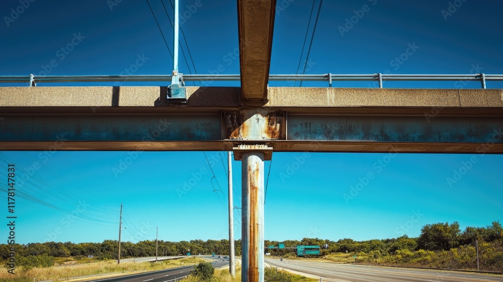 Poster a view of a highway from underneath a bridge, suitable for use in architecture or infrastructure pro