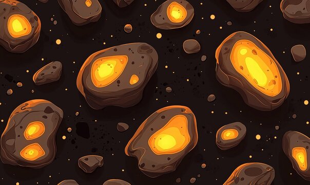 Glowing asteroids in space, seamless pattern for game backgrounds or sci-fi textures.