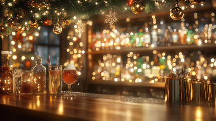 Elegant Christmas bar with a variety of festive drinks and shimmering lights-2